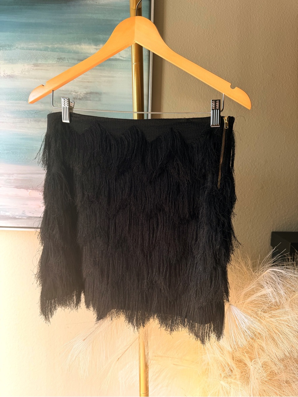 H&M Black Fringe Mini Skirt | Flirty Festival Y2K Boho Side Zip Size S